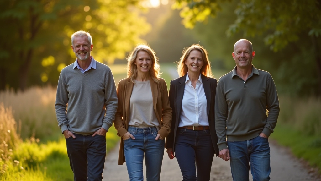 Group of mature adults enjoying outdoor activity together, laughing and connecting in natural setting, demonstrating social adaptation