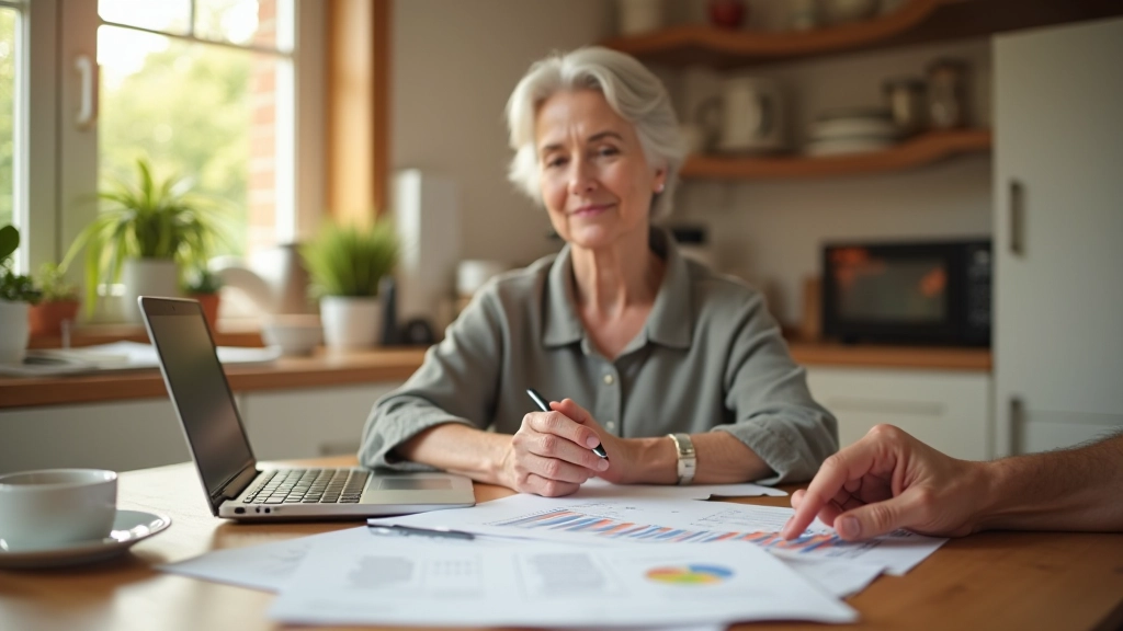 Older woman at kitchen table with laptop and financial documents, reviewing retirement plans, warm home setting, organized workspace, peaceful morning light