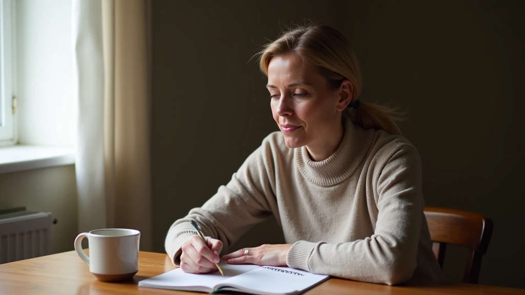 Woman in her late 40s writing in journal with coffee nearby, natural window light, thoughtful expression